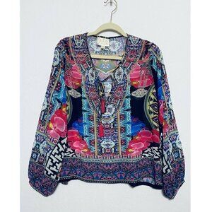 ASA Kaftans Womens Medium Multi Print Sheer Tassel Tie Blouse Boho Festival